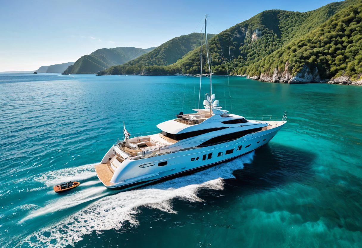 A luxury yacht sailing on crystal-clear turquoise waters, with sunlight glistening on the surface. In the background, an idyllic coastal landscape with lush green hills and a clear blue sky. Scatter insurance documents and a compass on the deck to signify navigation of insurance options. Include an overlay of anchor icons and dollar signs subtly integrated into the waves. super-realistic. vibrant colors. 3D.