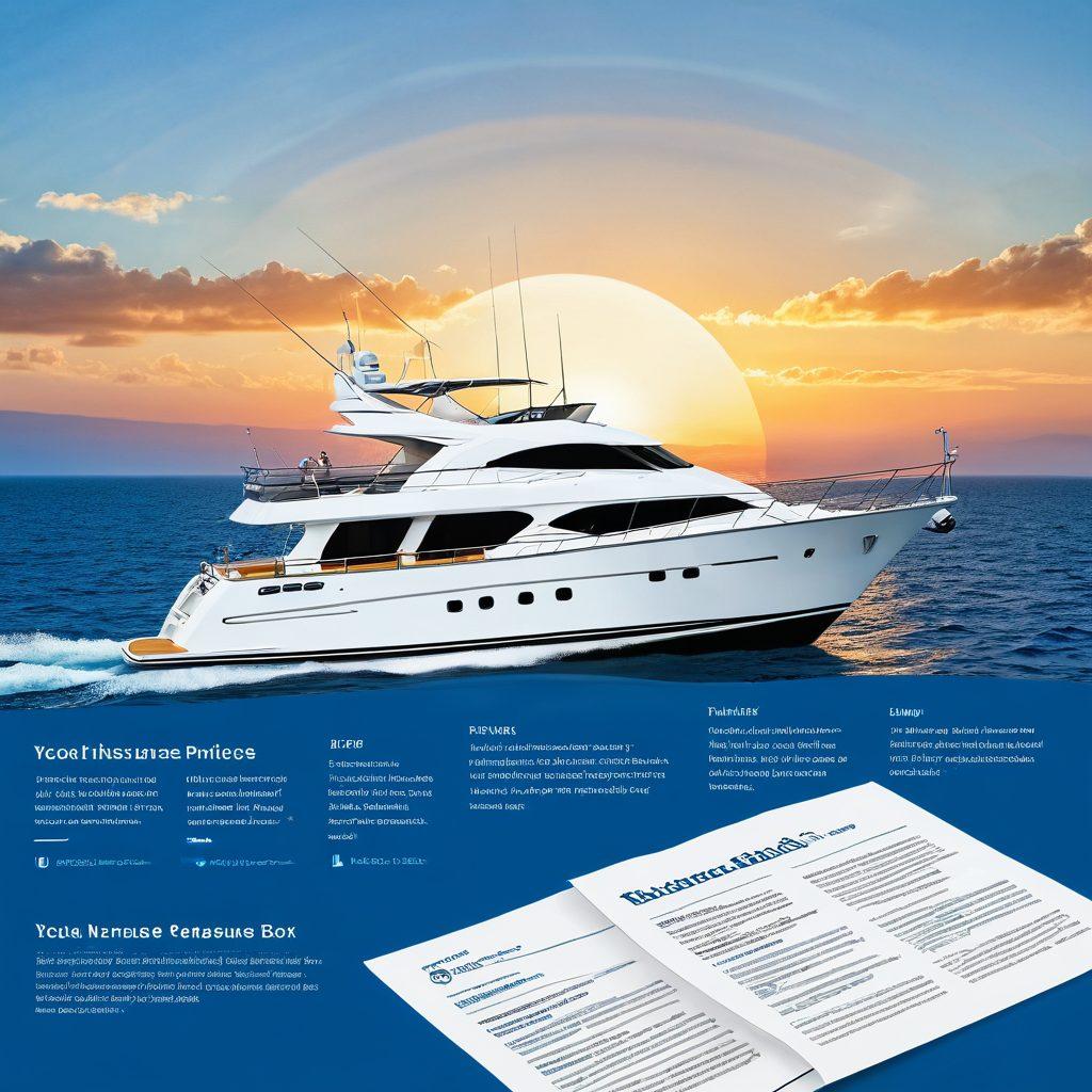 A detailed graphical representation of various yacht and boat insurance policies, showing a luxurious yacht juxtaposed with a small fishing boat. Include icons and paperwork illustrating policy coverage, claims, and support services, all against a serene ocean backdrop. Highlight key terms with vibrant colors and an inviting layout that draws readers in. super-realistic. vibrant colors. clear blue sky.